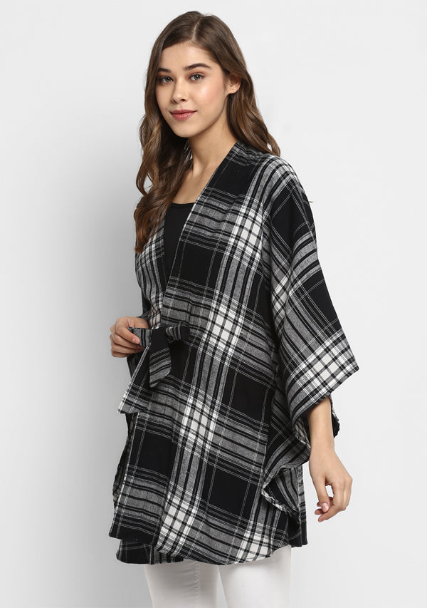 Flannel Black White Check Cape Jacket with Tie Up Belt - unidra.myshopify.com