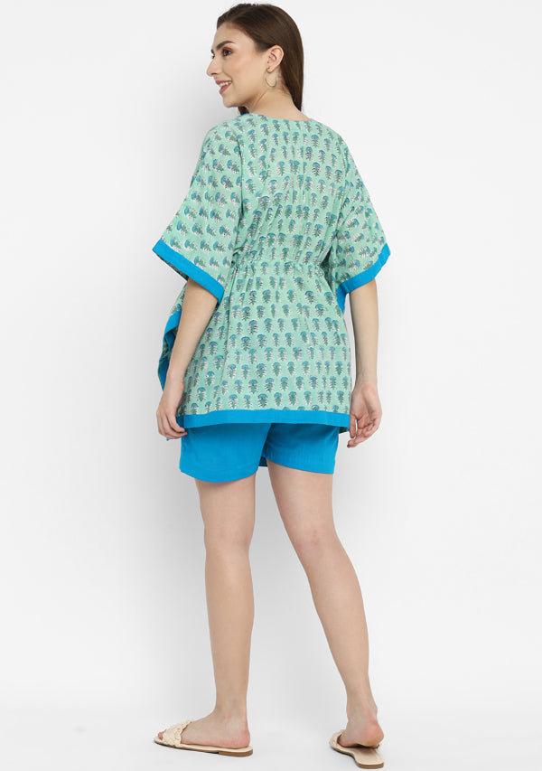 Aqua Turquoise Hand Block Flower Motif Printed Short Kaftan with Elasticated Shorts