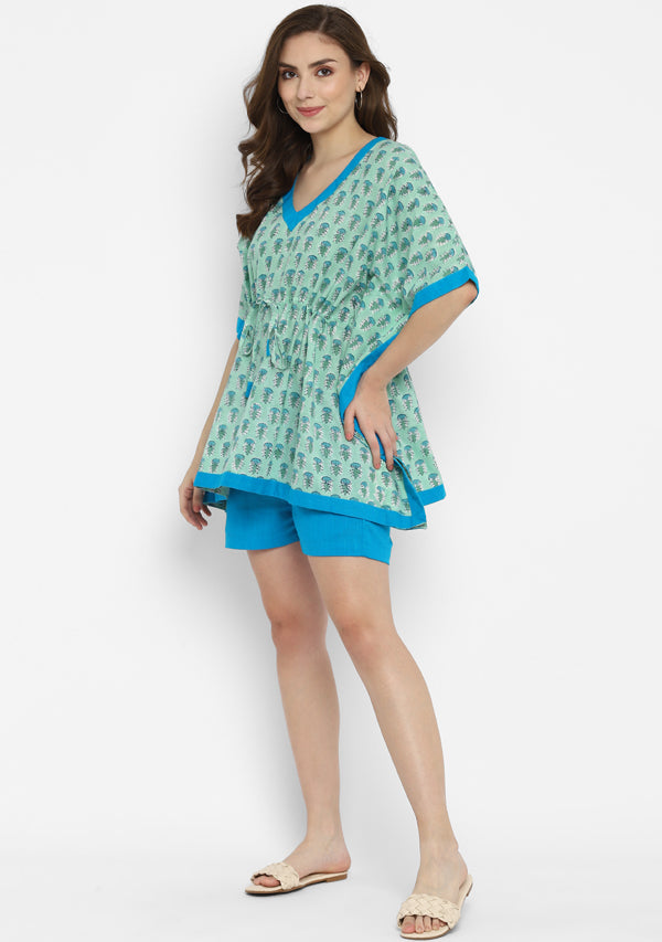 Aqua Turquoise Hand Block Flower Motif Printed Short Kaftan with Elasticated Shorts