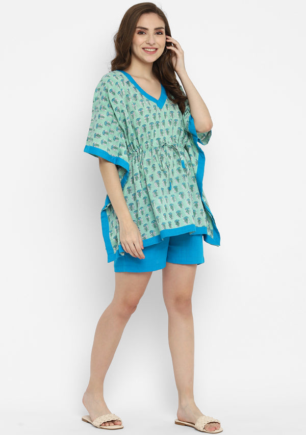 Aqua Turquoise Hand Block Flower Motif Printed Short Kaftan with Elasticated Shorts