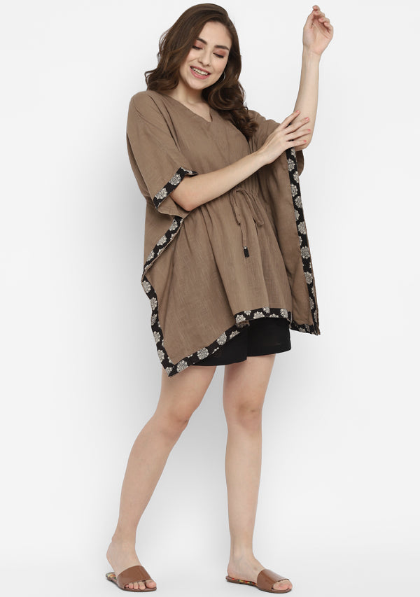Brown and Black Hand Block Flower Motif Printed Short Kaftan with Elasticated Shorts