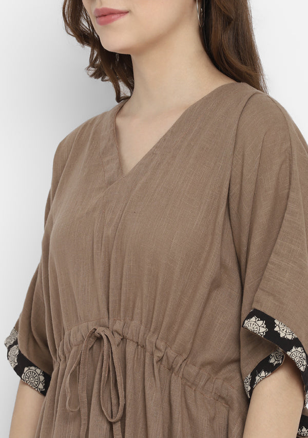 Brown and Black Hand Block Flower Motif Printed Short Kaftan with Elasticated Shorts