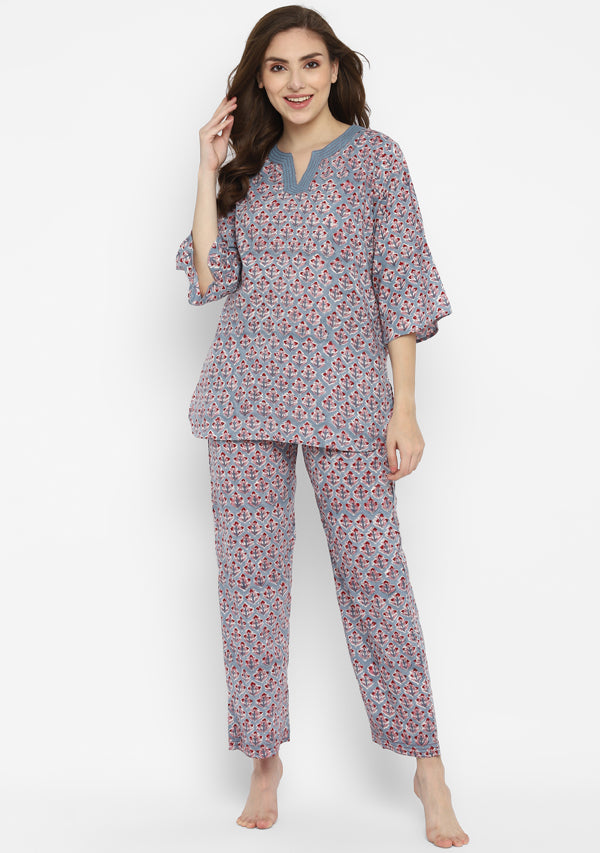 Smoke Blue Red Hand Block Flower Motif Printed Cotton Night Suit