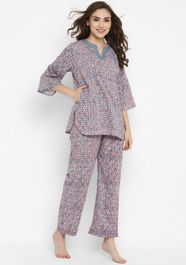 Smoke Blue Red Hand Block Flower Motif Printed Cotton Night Suit