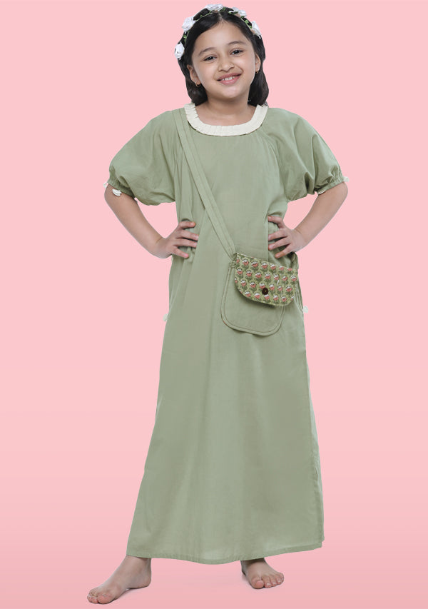 Green Cotton Nighty Dress With Trimmings And Sling Bag For Kids - unidra.myshopify.com
