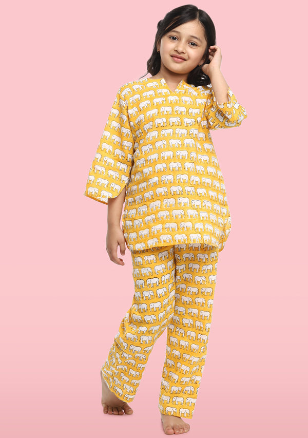 Yellow Ivory Elephant Motif Hand Block Printed Cotton Night Suit For Kids - unidra.myshopify.com