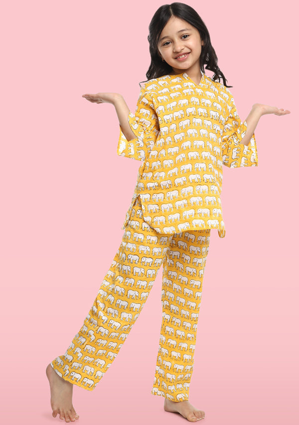 Yellow Ivory Elephant Motif Hand Block Printed Cotton Night Suit For Kids - unidra.myshopify.com