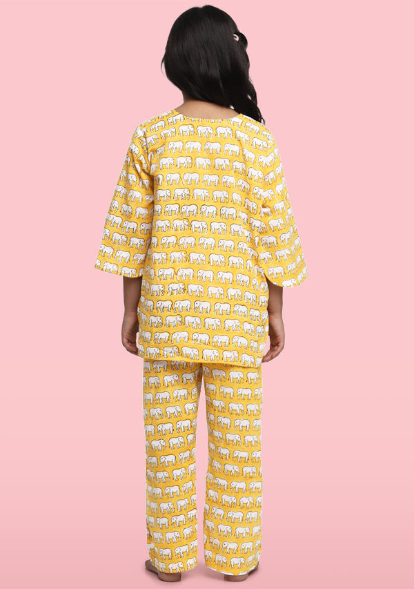 Yellow Ivory Elephant Motif Hand Block Printed Cotton Night Suit For Kids - unidra.myshopify.com