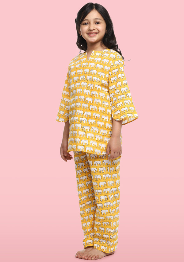 Yellow Ivory Elephant Motif Hand Block Printed Cotton Night Suit For Kids - unidra.myshopify.com