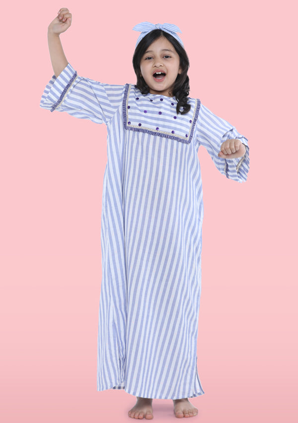 Blue White Stripe Cotton Nighty Dress With Lace Trimmings For Kids - unidra.myshopify.com