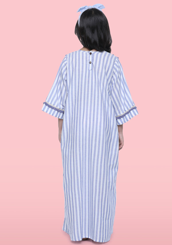 Blue White Stripe Cotton Nighty Dress With Lace Trimmings For Kids - unidra.myshopify.com