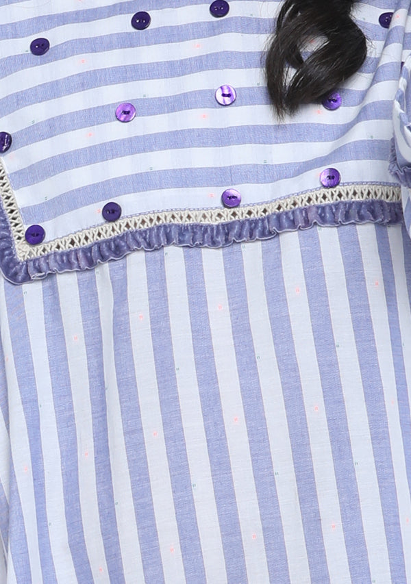Blue White Stripe Cotton Nighty Dress With Lace Trimmings For Kids - unidra.myshopify.com