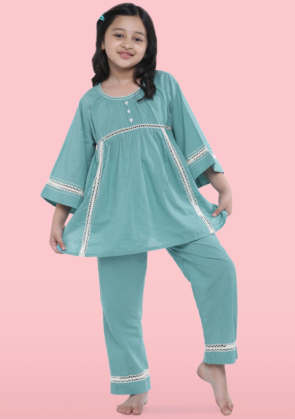 Sapphire Blue Cotton Night Suit With Lace Trimmings For Kids - unidra.myshopify.com
