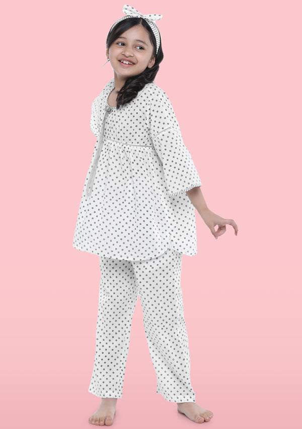 Ivory Grey Polka Dot Motif Hand Block Printed Cotton Night Suit With Hair Band For Kids - unidra.myshopify.com