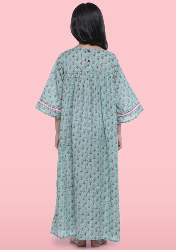 Blue Pink Flower Motif Hand Block Printed Cotton Nighty Dress With Trimmings And Sling Bag For Kids - unidra.myshopify.com