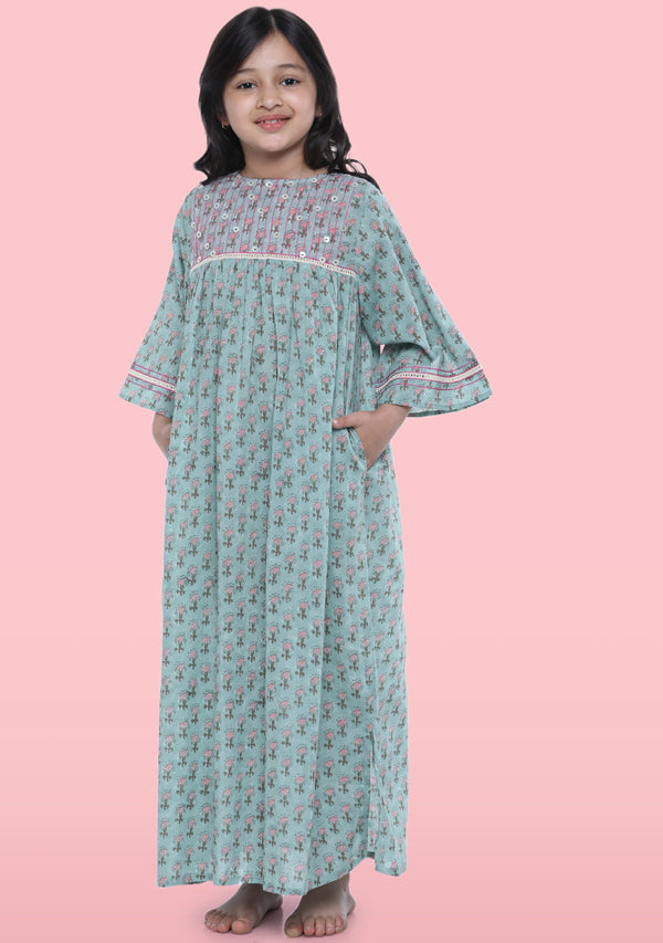 Blue Pink Flower Motif Hand Block Printed Cotton Nighty Dress With Trimmings And Sling Bag For Kids - unidra.myshopify.com