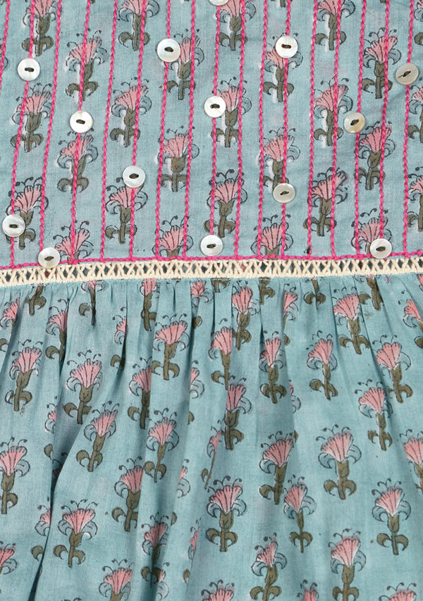 Blue Pink Flower Motif Hand Block Printed Cotton Nighty Dress With Trimmings And Sling Bag For Kids - unidra.myshopify.com