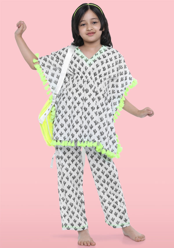 Ivory Grey Cactus Motif Hand Block Printed Cotton Kaftan Set With Fluorescent Green Tassels - unidra.myshopify.com