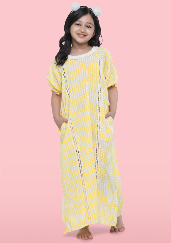 Yellow Ivory Hand Block Check Printed Cotton Nighty Dress With Sling Bag For Kids - unidra.myshopify.com