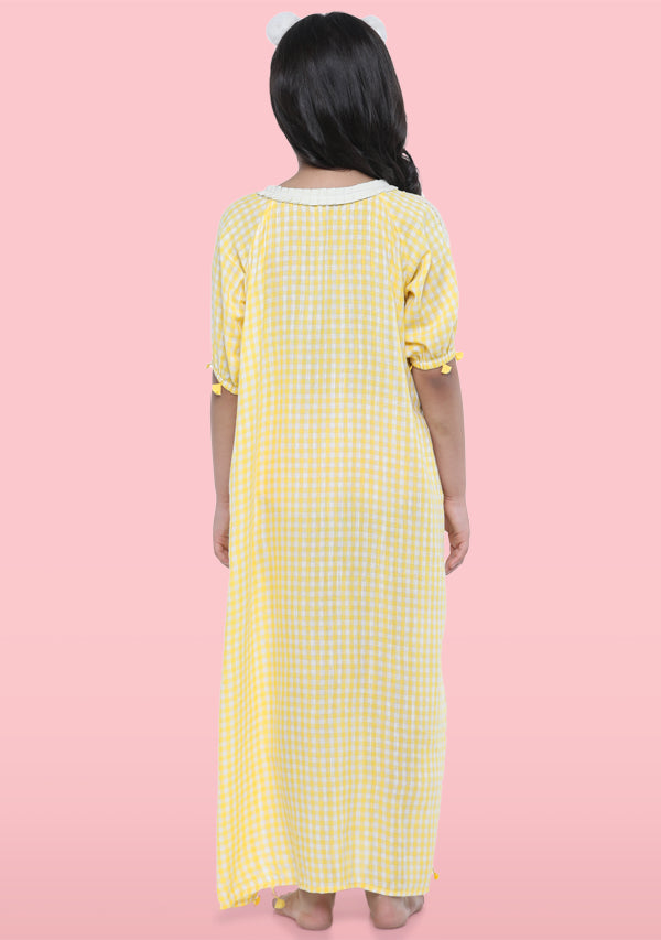Yellow Ivory Hand Block Check Printed Cotton Nighty Dress With Sling Bag For Kids - unidra.myshopify.com