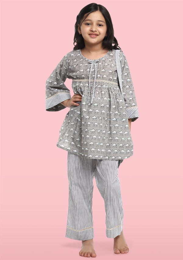 Grey Ivory Camel Motif Hand Block Printed Cotton Night Suit With Lace Trimmings And Bags for Kids - unidra.myshopify.com