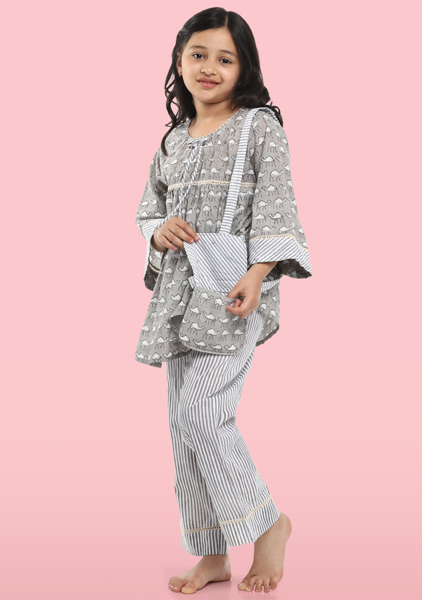 Grey Ivory Camel Motif Hand Block Printed Cotton Night Suit With Lace Trimmings And Bags for Kids - unidra.myshopify.com