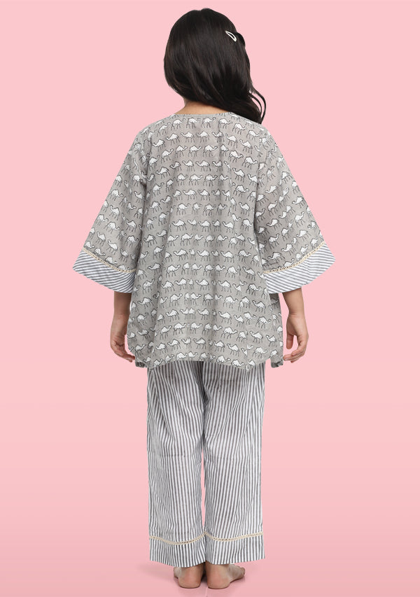 Grey Ivory Camel Motif Hand Block Printed Cotton Night Suit With Lace Trimmings And Bags for Kids - unidra.myshopify.com