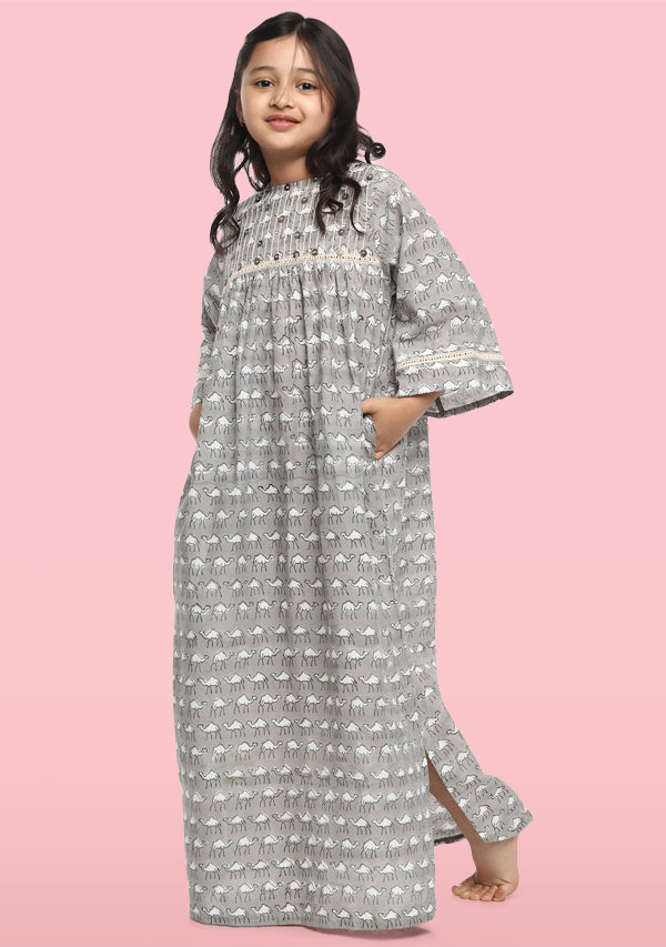 Grey Ivory Camel Motif Hand Block Printed Cotton Nighty Dress With Sling Bags For Kids - unidra.myshopify.com