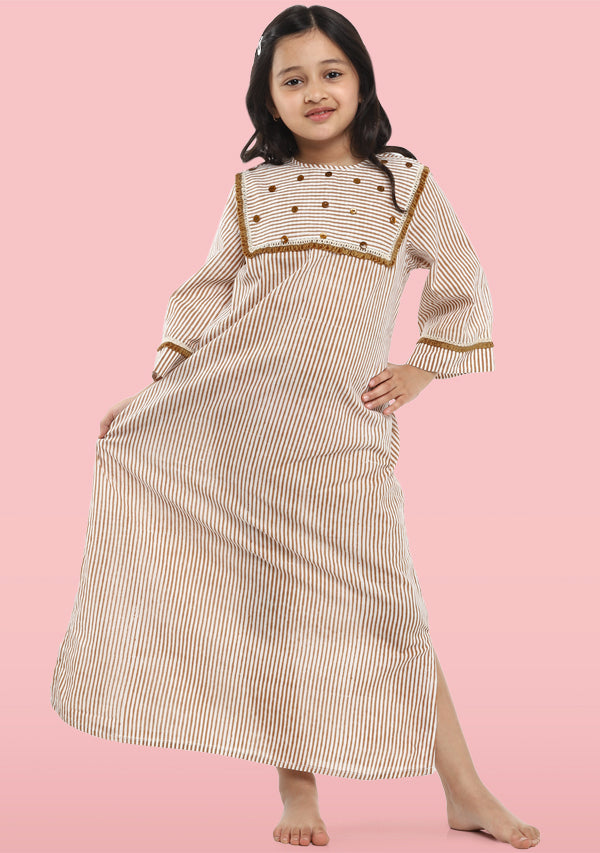 Brown Ivory Striped Hand Block Print Cotton Nighty Dress for Kids - unidra.myshopify.com