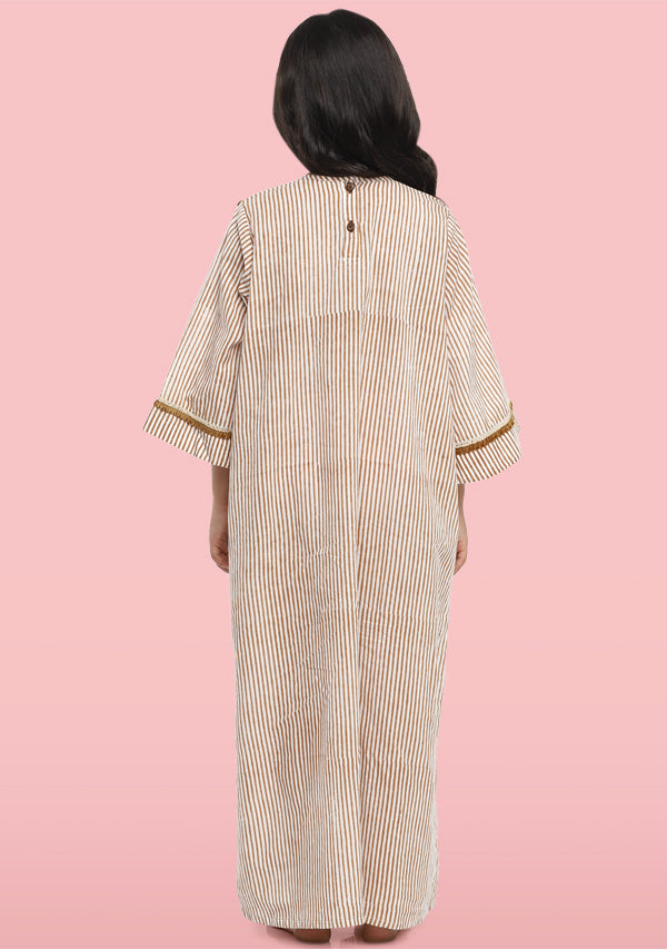Brown Ivory Striped Hand Block Print Cotton Nighty Dress for Kids - unidra.myshopify.com