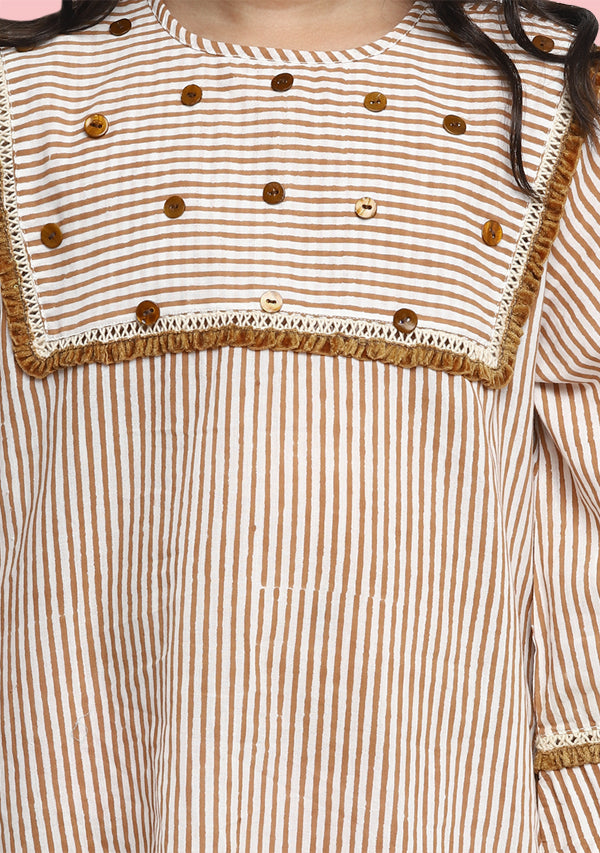 Brown Ivory Striped Hand Block Print Cotton Nighty Dress for Kids - unidra.myshopify.com