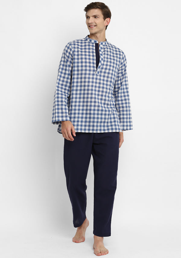 Blue White Checked Cotton Shirt and Pyjamas For Men