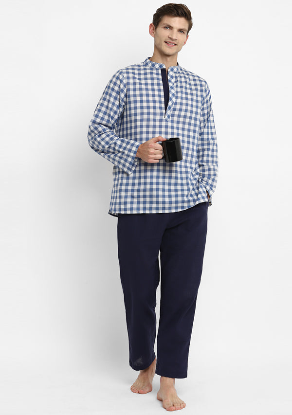 Blue White Checked Cotton Shirt and Pyjamas For Men