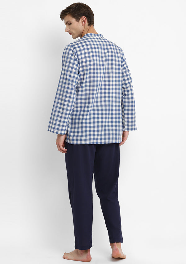 Blue White Checked Cotton Shirt and Pyjamas For Men