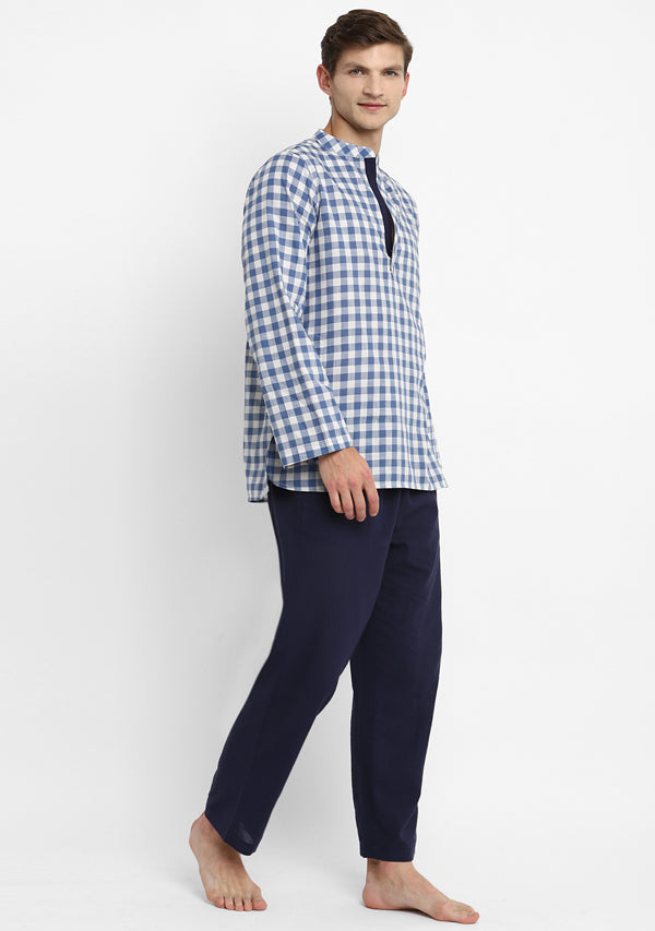 Blue White Checked Cotton Shirt and Pyjamas For Men