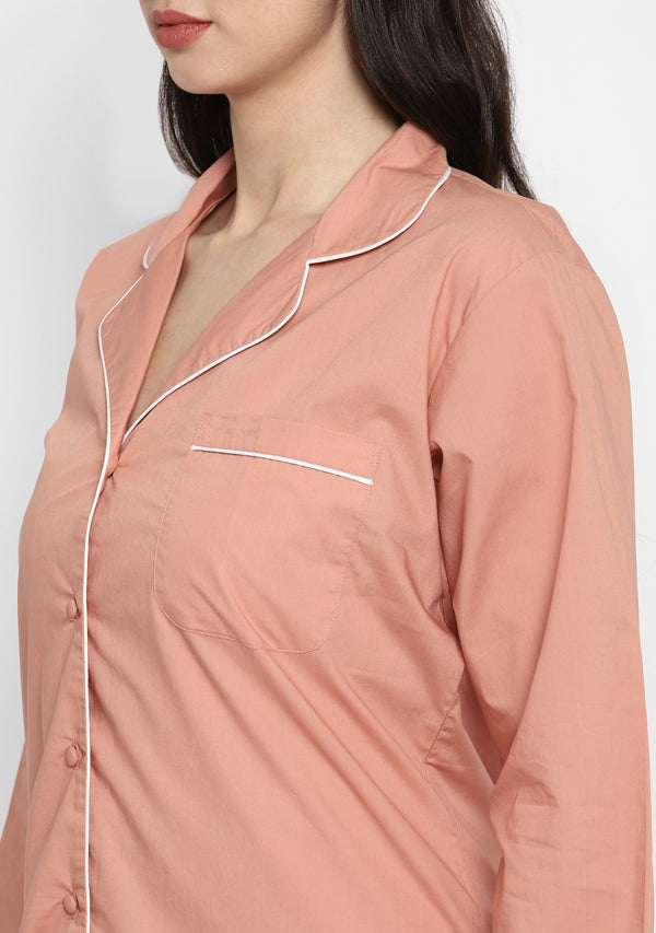 Peach Collared long Sleeve Cotton Night Suit paired  with Capris