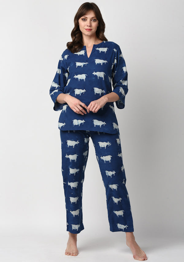 Indigo Ivory Hand Block Printed Sheep Motif Cotton Night Suit