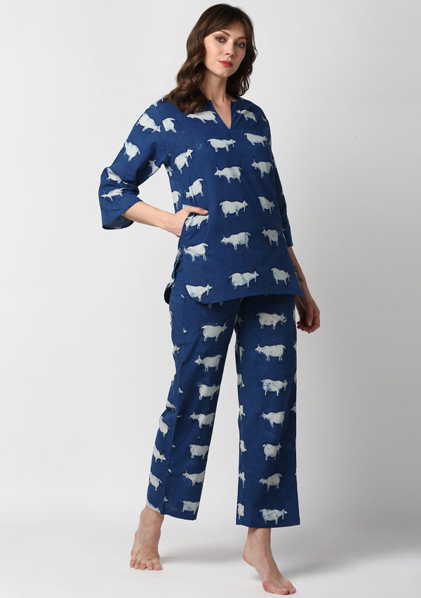 Indigo Ivory Hand Block Printed Sheep Motif Cotton Night Suit