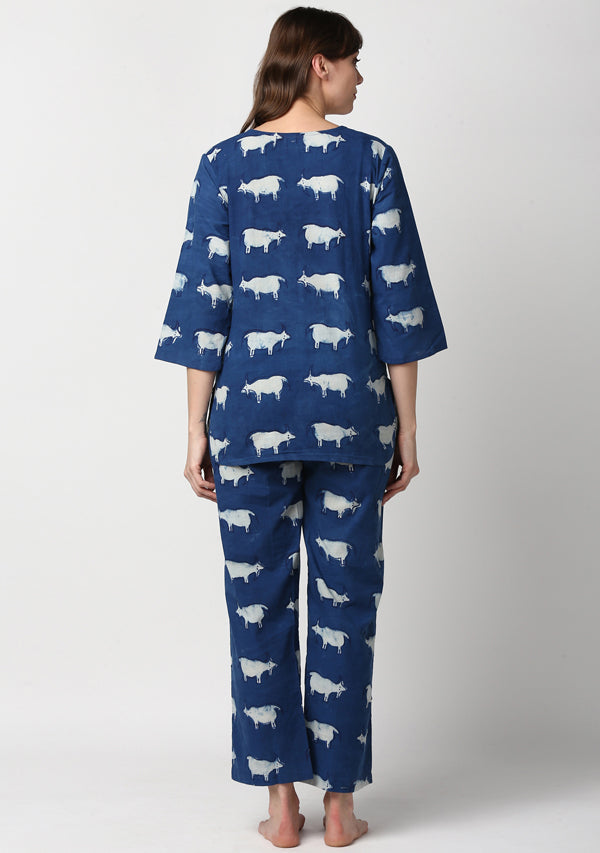 Indigo Ivory Hand Block Printed Sheep Motif Cotton Night Suit