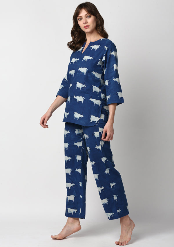 Indigo Ivory Hand Block Printed Sheep Motif Cotton Night Suit
