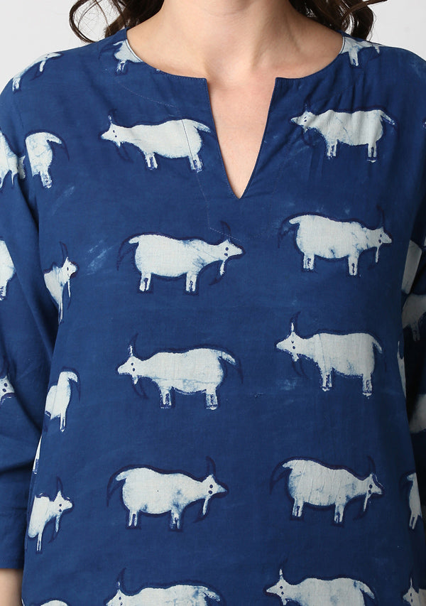 Indigo Ivory Hand Block Printed Sheep Motif Cotton Night Suit