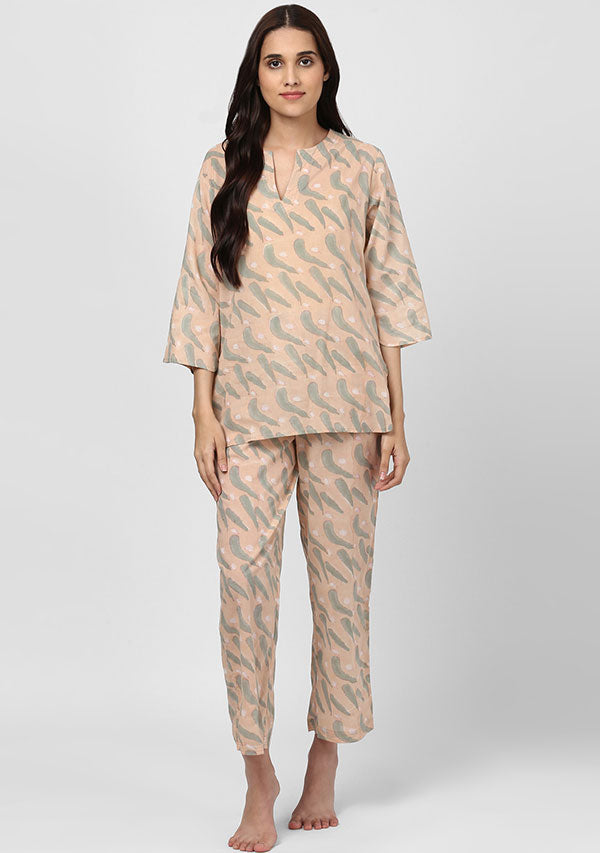 Peach Grey Feather Motif Hand Block Printed Cotton Night Suit - unidra.myshopify.com