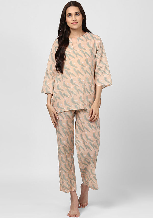 Peach Grey Feather Motif Hand Block Printed Cotton Night Suit - unidra.myshopify.com