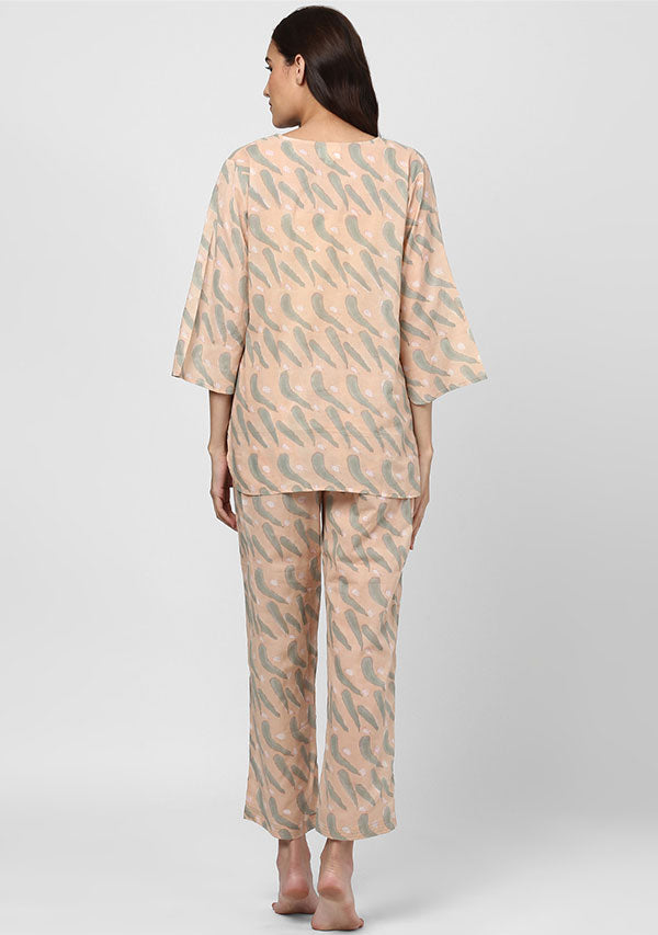 Peach Grey Feather Motif Hand Block Printed Cotton Night Suit - unidra.myshopify.com