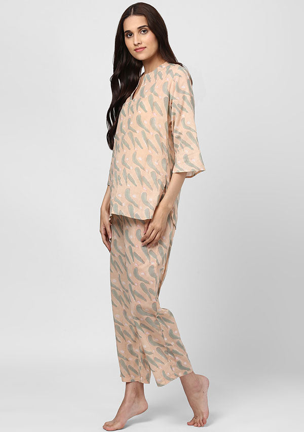 Peach Grey Feather Motif Hand Block Printed Cotton Night Suit - unidra.myshopify.com