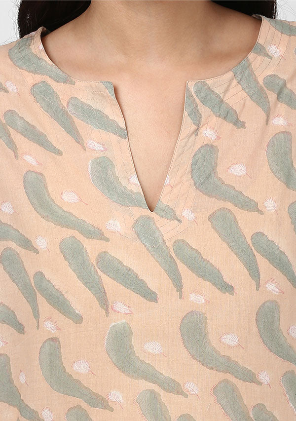Peach Grey Feather Motif Hand Block Printed Cotton Night Suit - unidra.myshopify.com