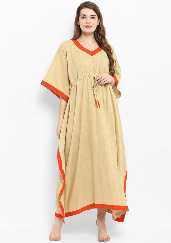 Beige Orange Tie-Up Waist Cotton Kaftan with Embroidery - unidra.myshopify.com