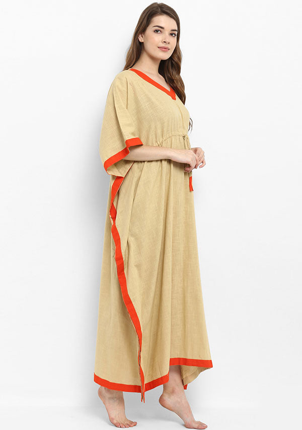 Beige Orange Tie-Up Waist Cotton Kaftan with Embroidery - unidra.myshopify.com