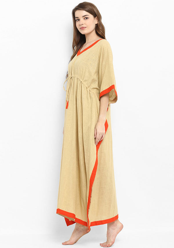 Beige Orange Tie-Up Waist Cotton Kaftan with Embroidery - unidra.myshopify.com