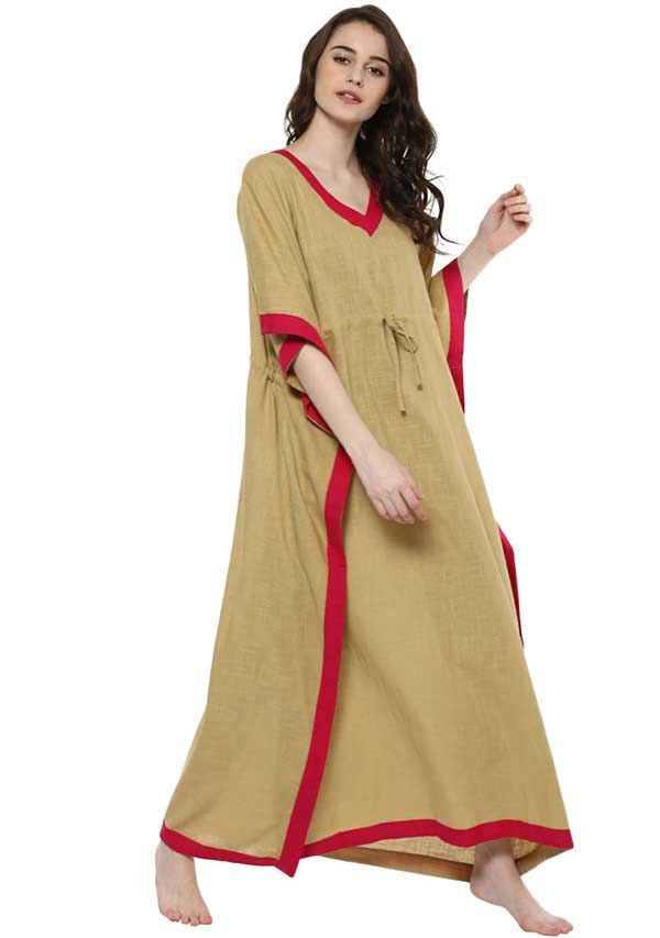 Beige Fuchsia Tie-Up Waist Cotton Kaftan - unidra.myshopify.com